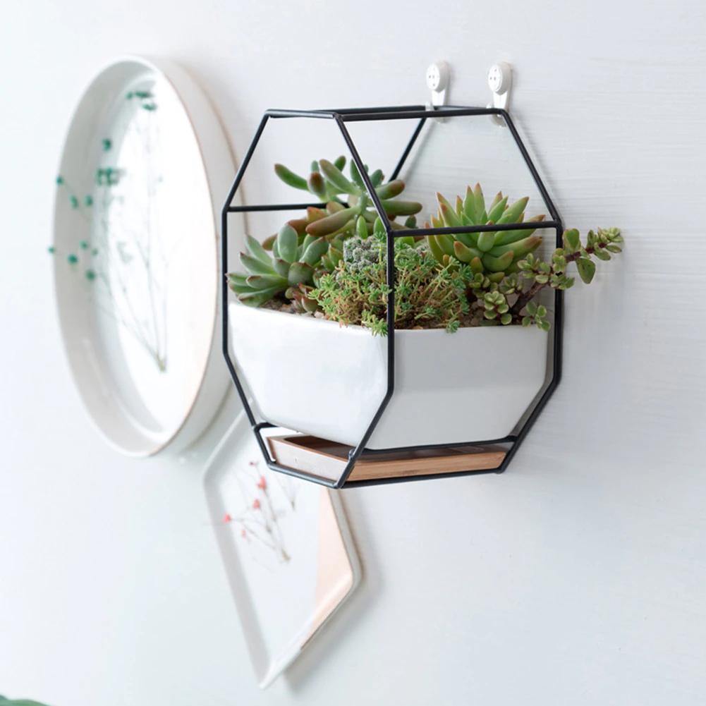 Geometric Ceramic Wall Planter with Octagonal Iron Frame Black | Sage & Sill