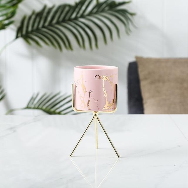 Short Tabletop Marbled Ceramic Planter with Geometric Metal Stand LightPink / Medium | Sage & Sill