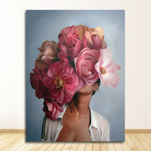 Flowers Feathers Woman Abstract Canvas Poster