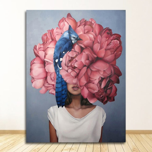 Flowers Feathers Woman Abstract Canvas Poster