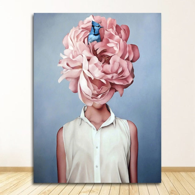 Flowers Feathers Woman Abstract Canvas Poster