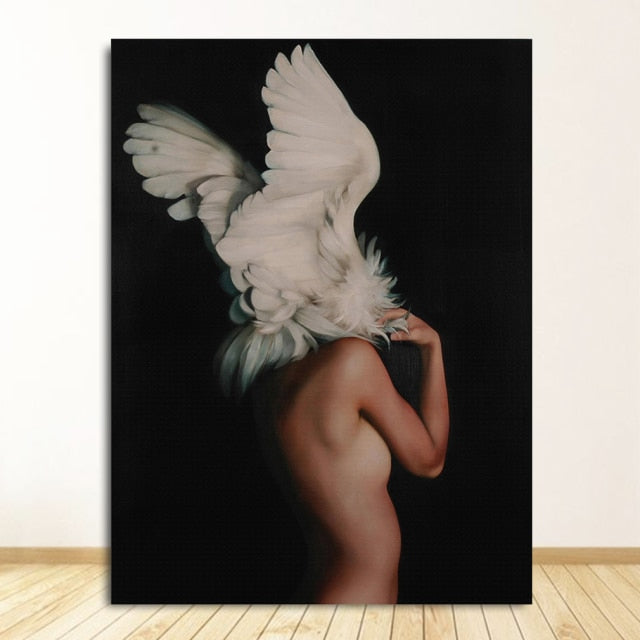 Flowers Feathers Woman Abstract Canvas Poster